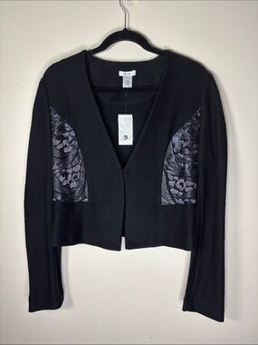 Cache Black Cropped Wool Cardigan Blazer with Iridescent Silver Purple Sequined